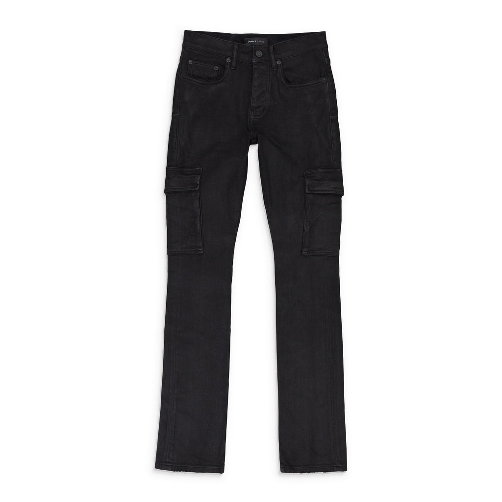 Black P004 Resin Coated Flared Cargo Skinny Jeans