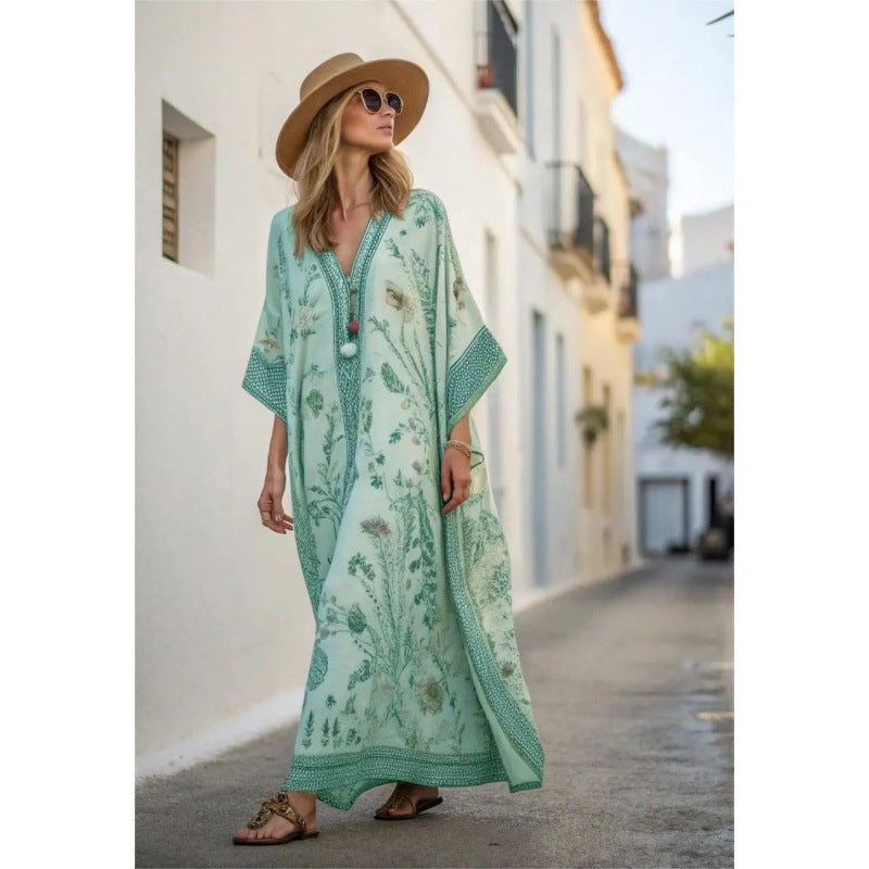 Boho Abstract Print V-Neck Batwing Maxi Kaftan Beach Cover-Up