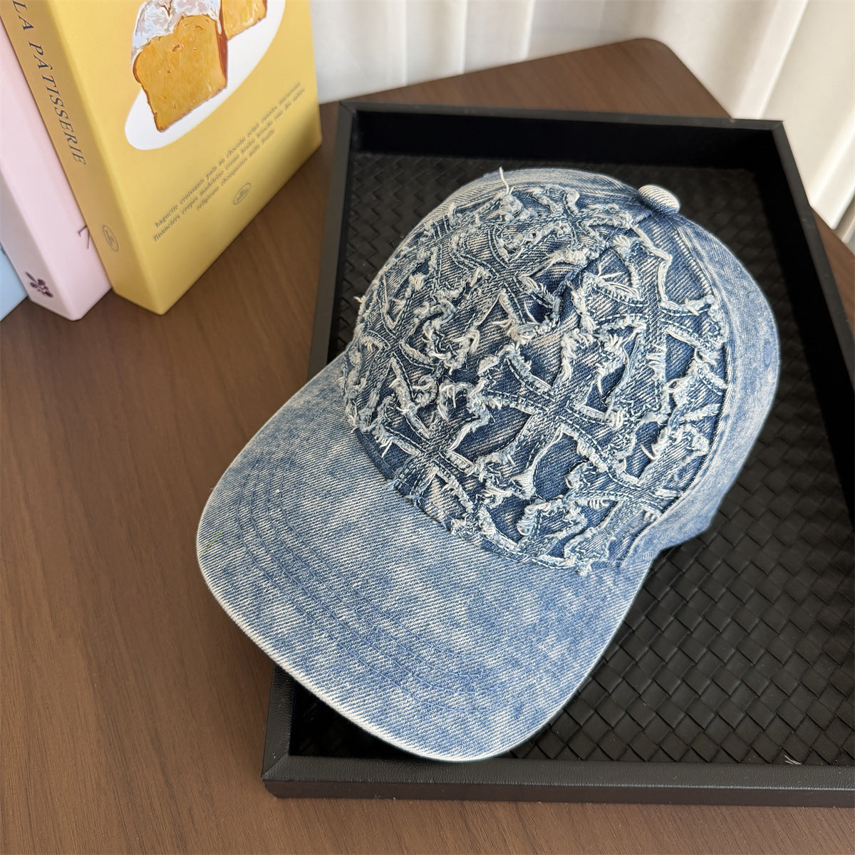 Frayed Cross Denim Washed Vintage Baseball Cap Streetwear Multi‑Style