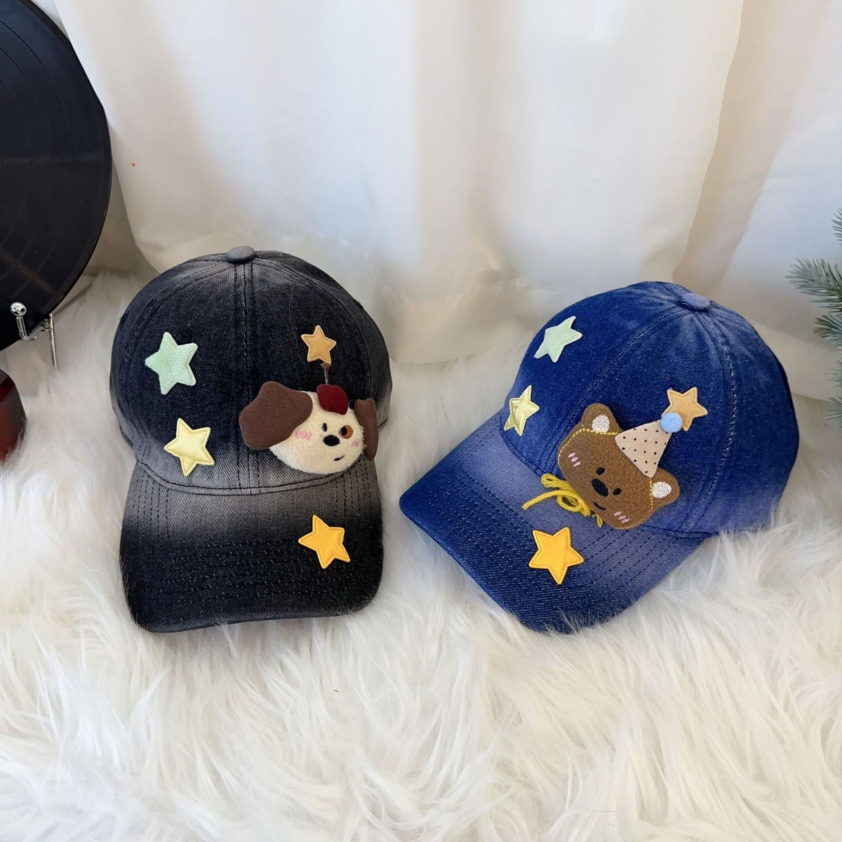 Washed Denim 3D Cartoon Plush Star Baseball Cap Y2K Casual Hat