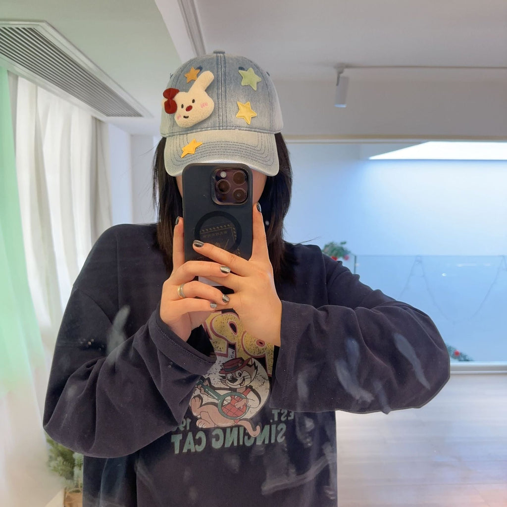 Washed Denim 3D Cartoon Plush Star Baseball Cap Y2K Casual Hat