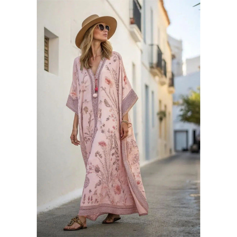 Boho Abstract Print V-Neck Batwing Maxi Kaftan Beach Cover-Up