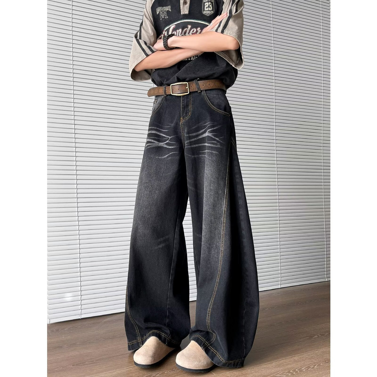 Y2K Vintage Washed Cat Whisker Curved Baggy Wide Leg Jeans Streetwear