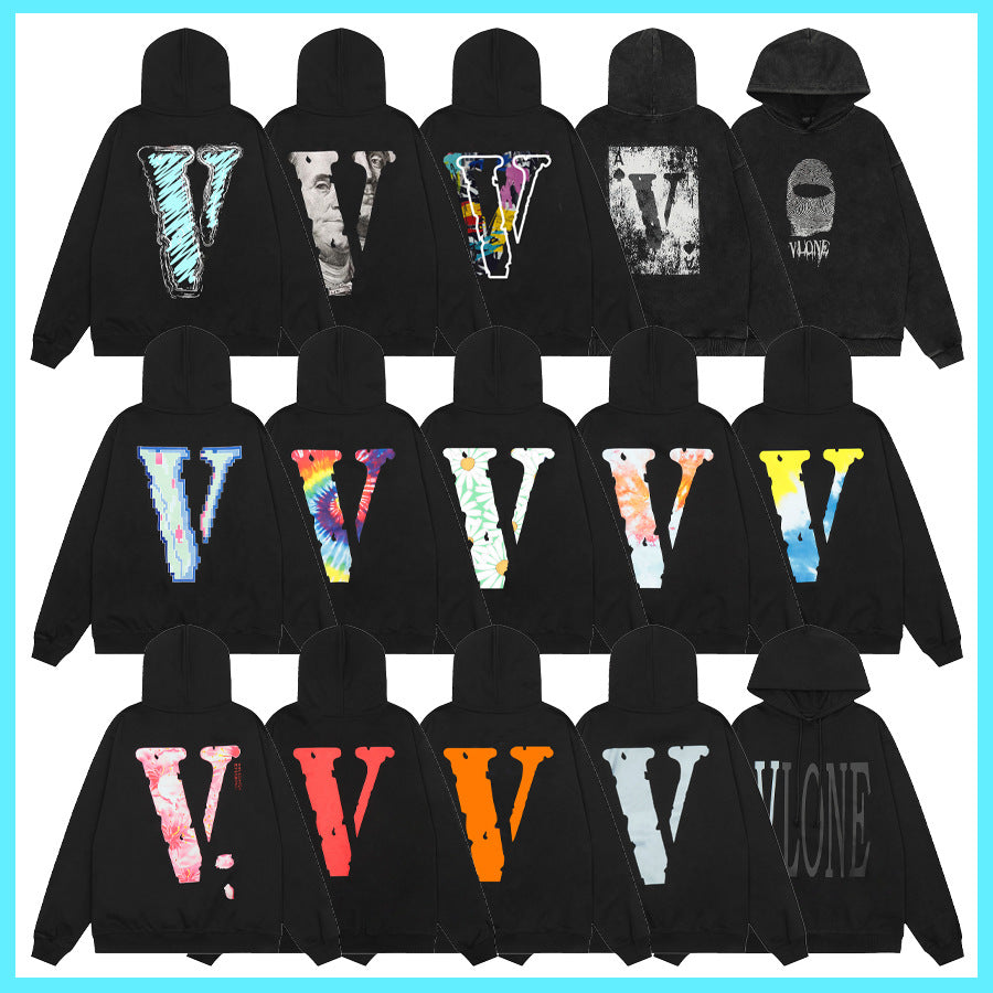 Vlone Multi Pattern Big V Graphic Oversized Hoodie Streetwear Unisex