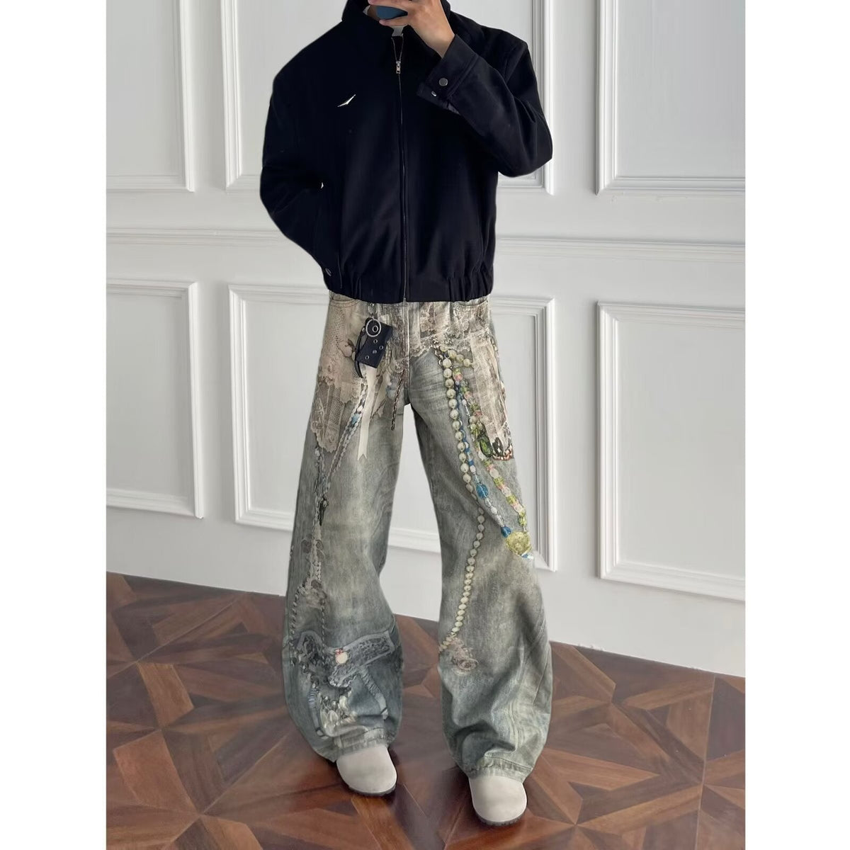 Y2K Vintage Washed Cat Whisker Curved Baggy Wide Leg Jeans Streetwear