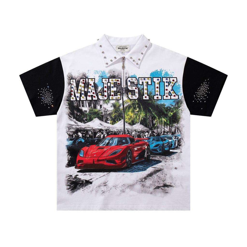 MAJESTIK Car Graphic Zip-Front Short-Sleeve T-Shirt