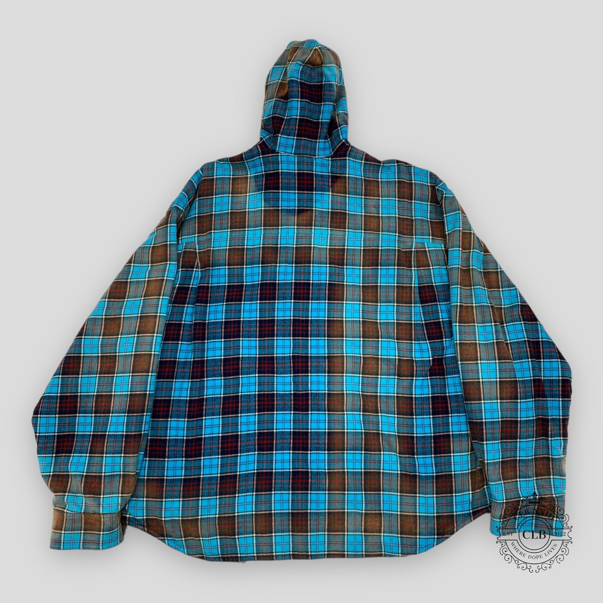 BALENCIAGA BLEACHED PLAID HOODED FLANNEL - BLUE