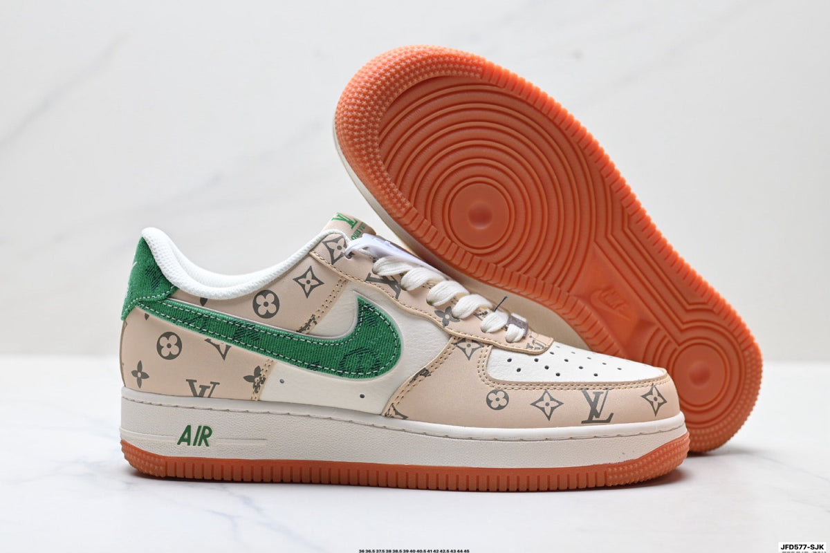 Nike Air Force 1 Low Beige Green Monogram Print Unisex Sneakers Style 12