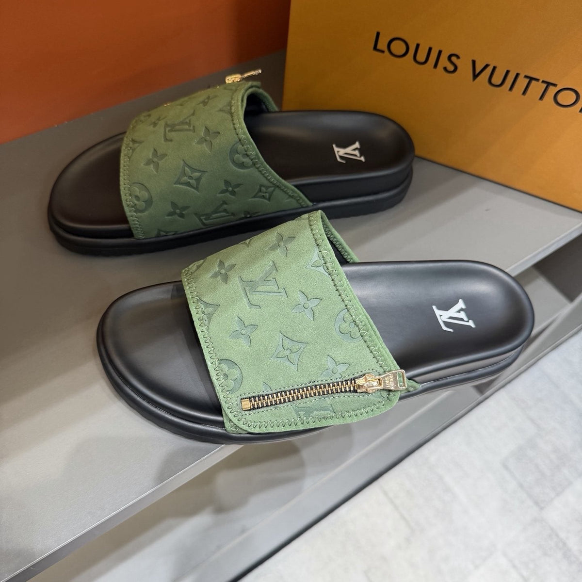 Louis Vuitton Light Green Patterned Slide Sandals