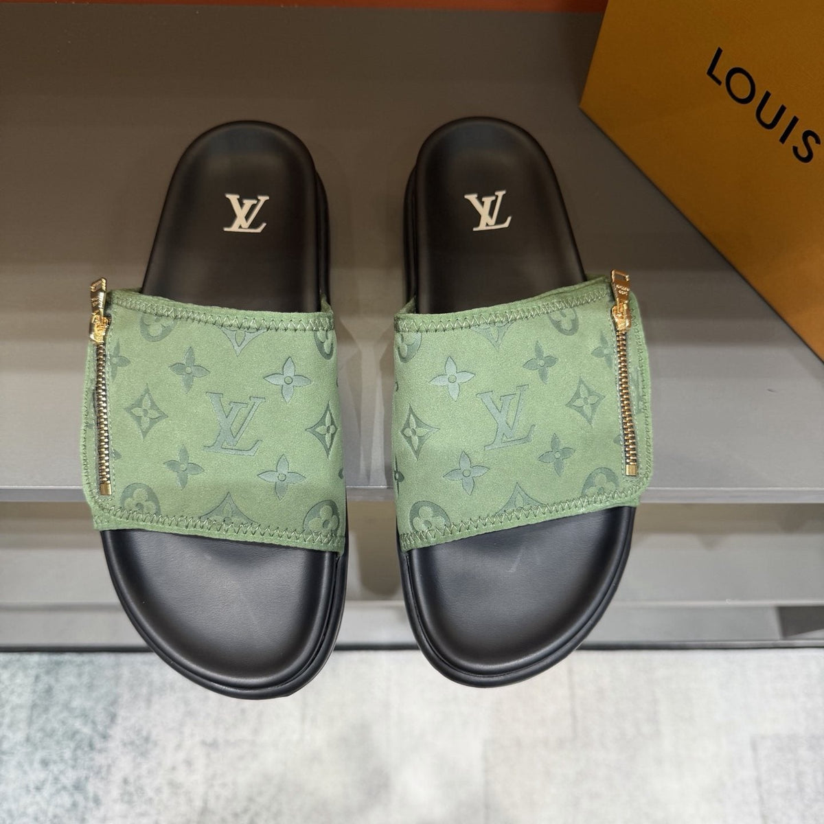 Louis Vuitton Light Green Patterned Slide Sandals