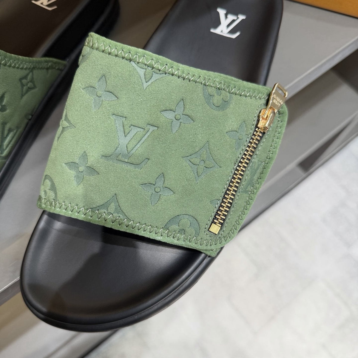 Louis Vuitton Light Green Patterned Slide Sandals