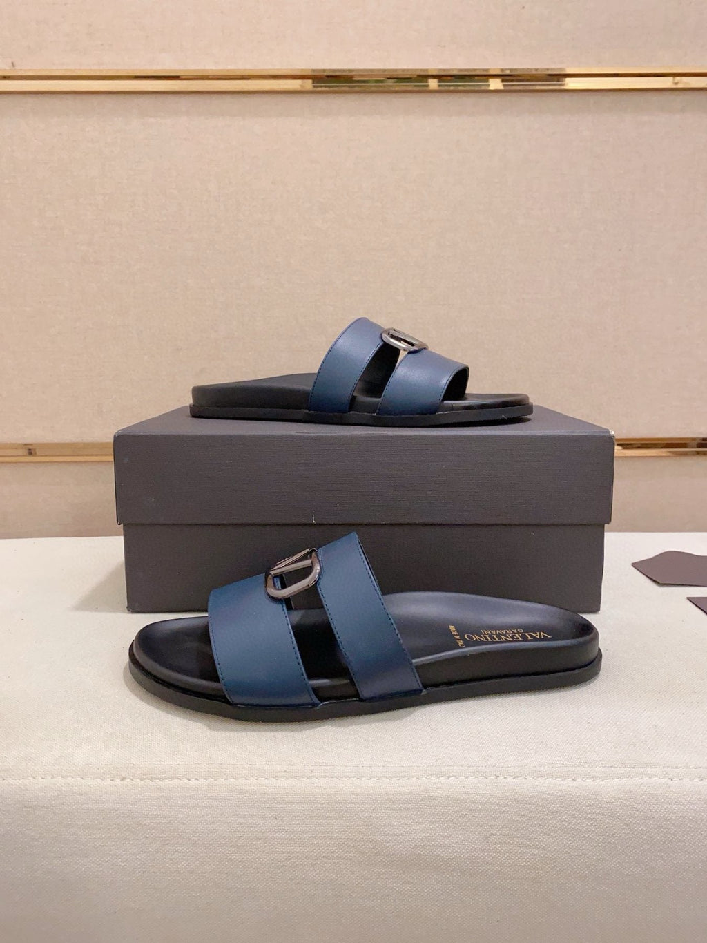 Valentino Men's Navy Blue Buckle Slide Sandals