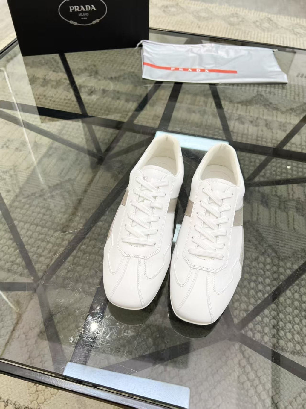 Prada Men's White and Taupe Low-Top Sneakers
