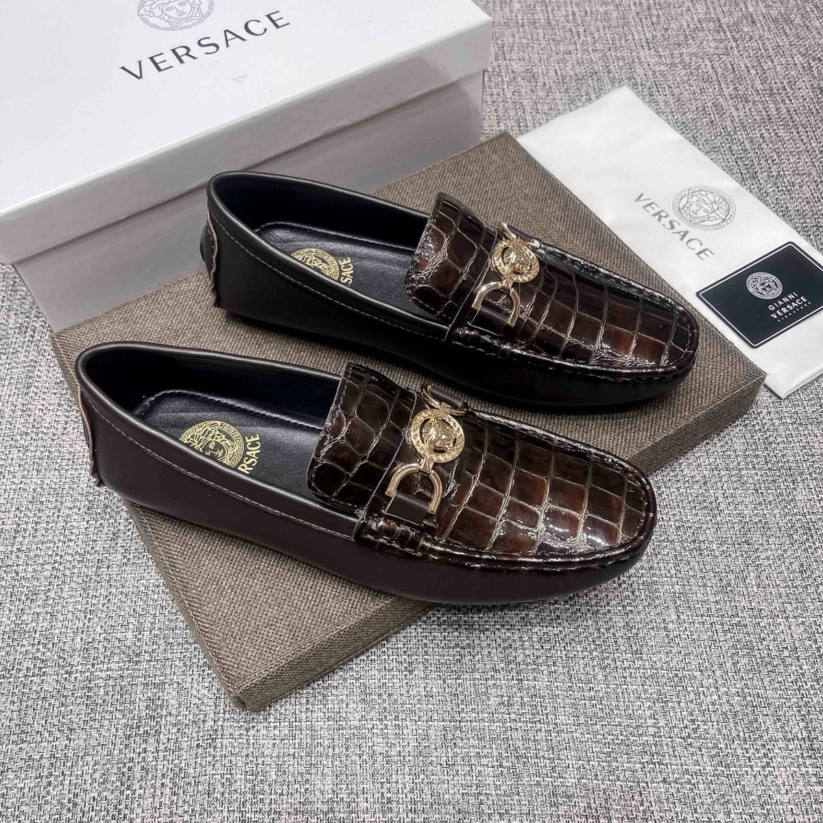 Versace Men's Dark Brown Croc-Embossed Loafers