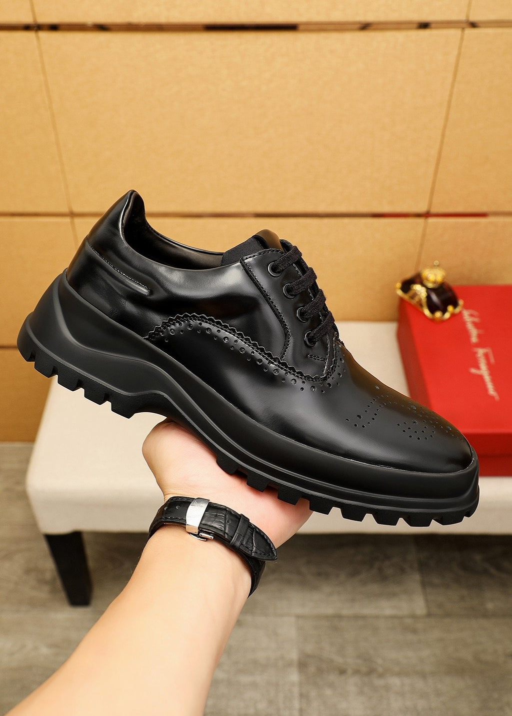 Ferragamo Black Perforated Lace-Up Shoes - Lug Sole