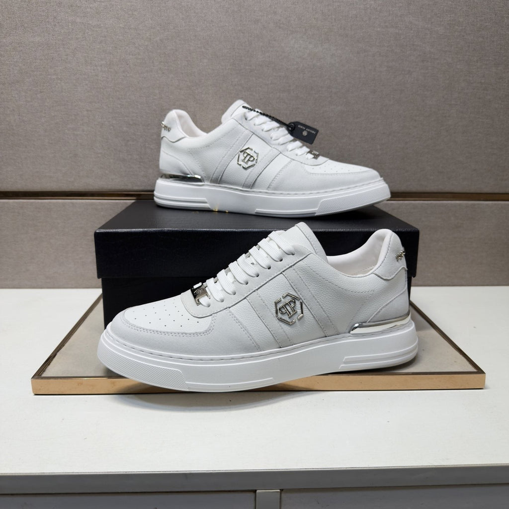 Philipp Plein White Low-Top Sneakers with Silver Accents