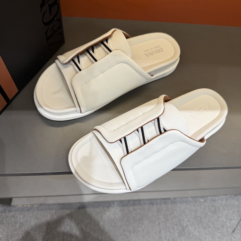 Zegna Men's White Striped Slide Sandals