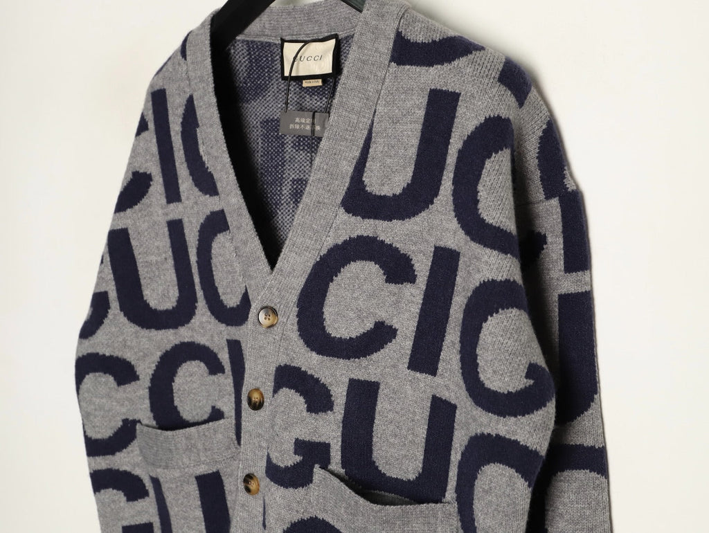 Gucci 24SS Gray Allover Letter Intarsia Cardigan